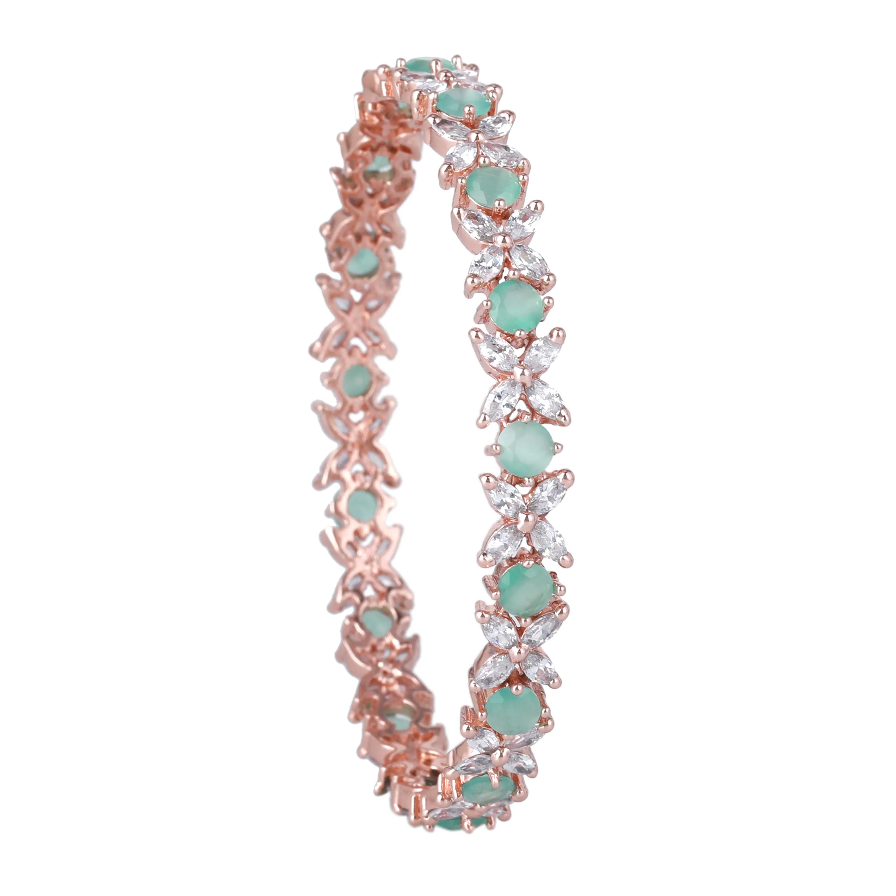 Estele Rosegold Plated Mint Green American Diamond Stunning Floral Bangles | Available in 2:4, 2:6, & 2:8 Sizes | Perfect Fit & Timeless Elegance for Women