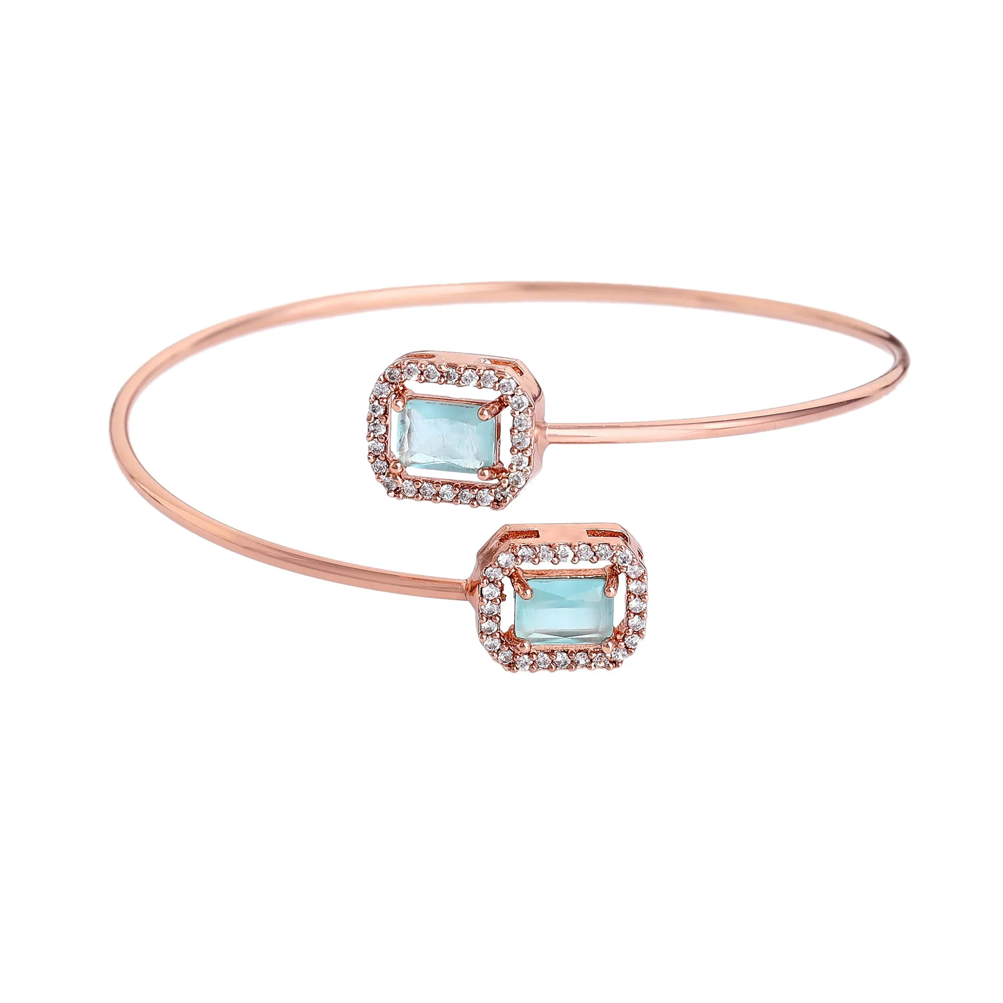 Estele Rosegold Plated Stunning Mint Green American Diamonds Enhanced Square Design Lightweight Cuff Kada Bracelet for Women