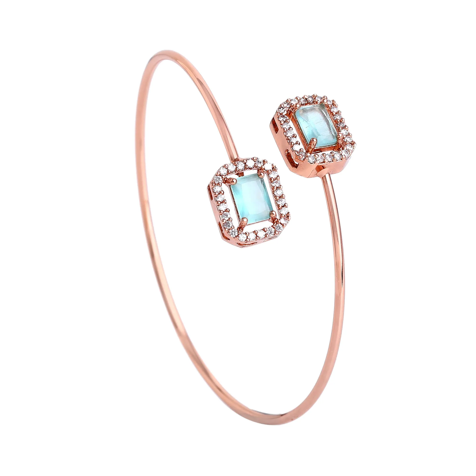 Estele Rosegold Plated Stunning Mint Green American Diamonds Enhanced Square Design Lightweight Cuff Kada Bracelet for Women