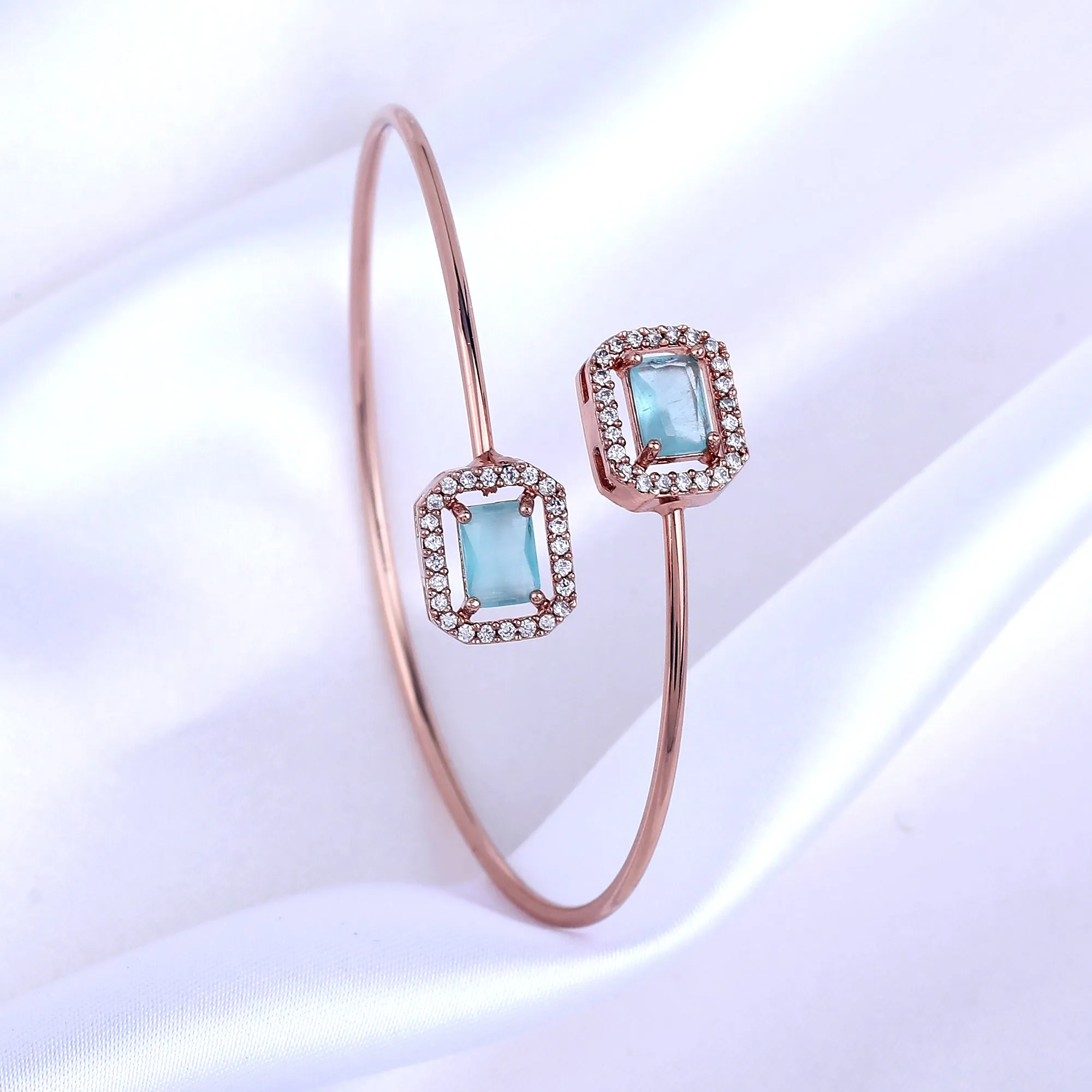 Estele Rosegold Plated Stunning Mint Green American Diamonds Enhanced Square Design Lightweight Cuff Kada Bracelet for Women