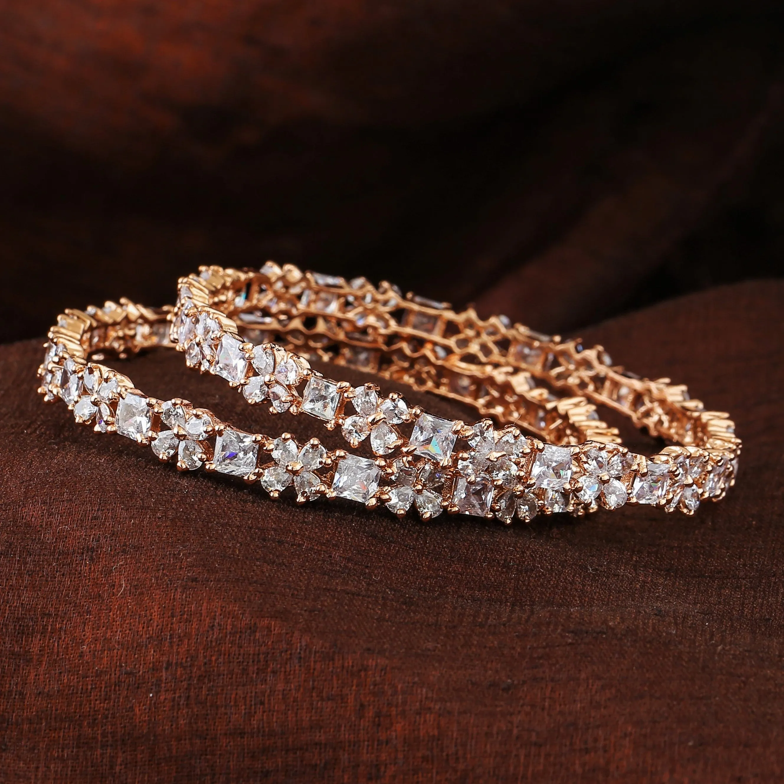 Estele Rosegold Plated Stylish Floral Designer 2:6 Size Bangles with White American Diamonds |A Blend of Tradition & Vibrance for Women
