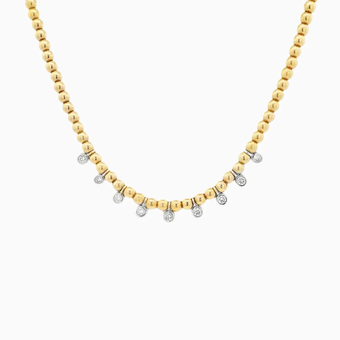 Gold Beaded Chain Necklace with White Gold Diamond Bezel Drops