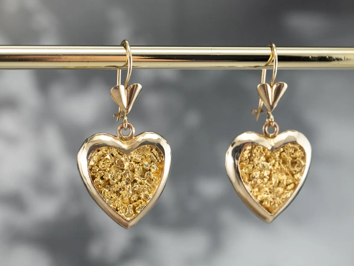 Gold Nugget Center Heart Drop Earrings