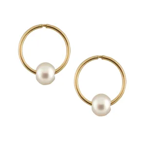 Gold Sleeper Hoops with White Pearls