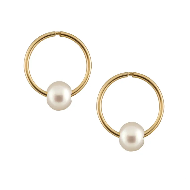 Gold Sleeper Hoops with White Pearls