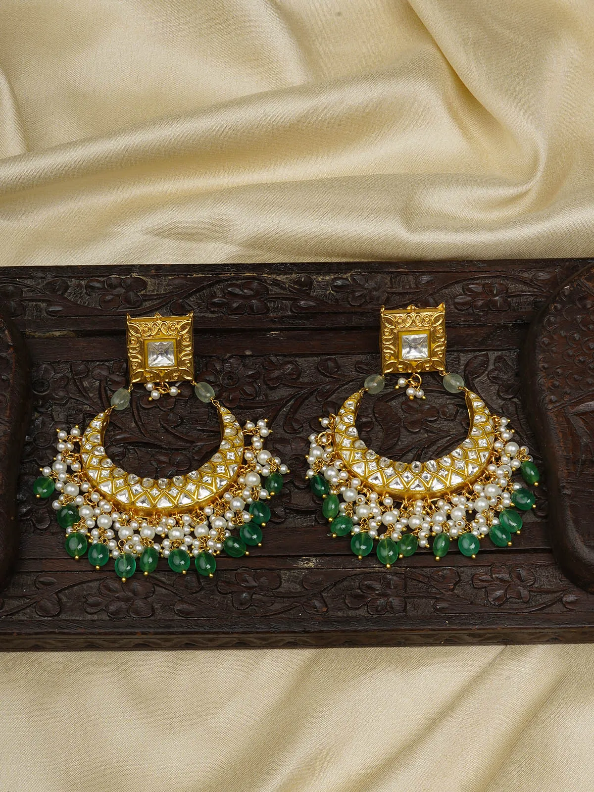 Green Color Gold Plated Thappa Jadau Kundan Earrings - TJ-E100