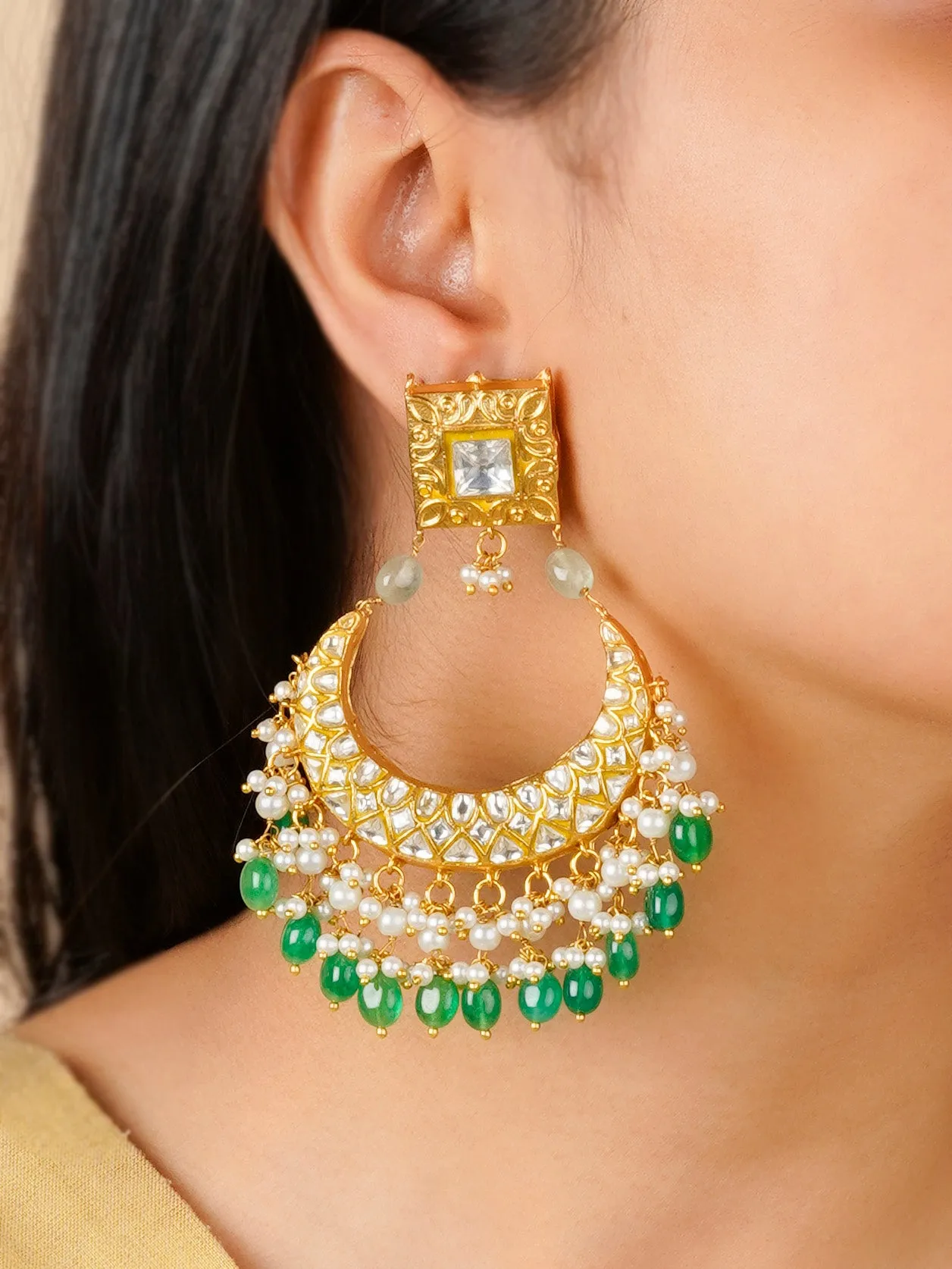 Green Color Gold Plated Thappa Jadau Kundan Earrings - TJ-E100