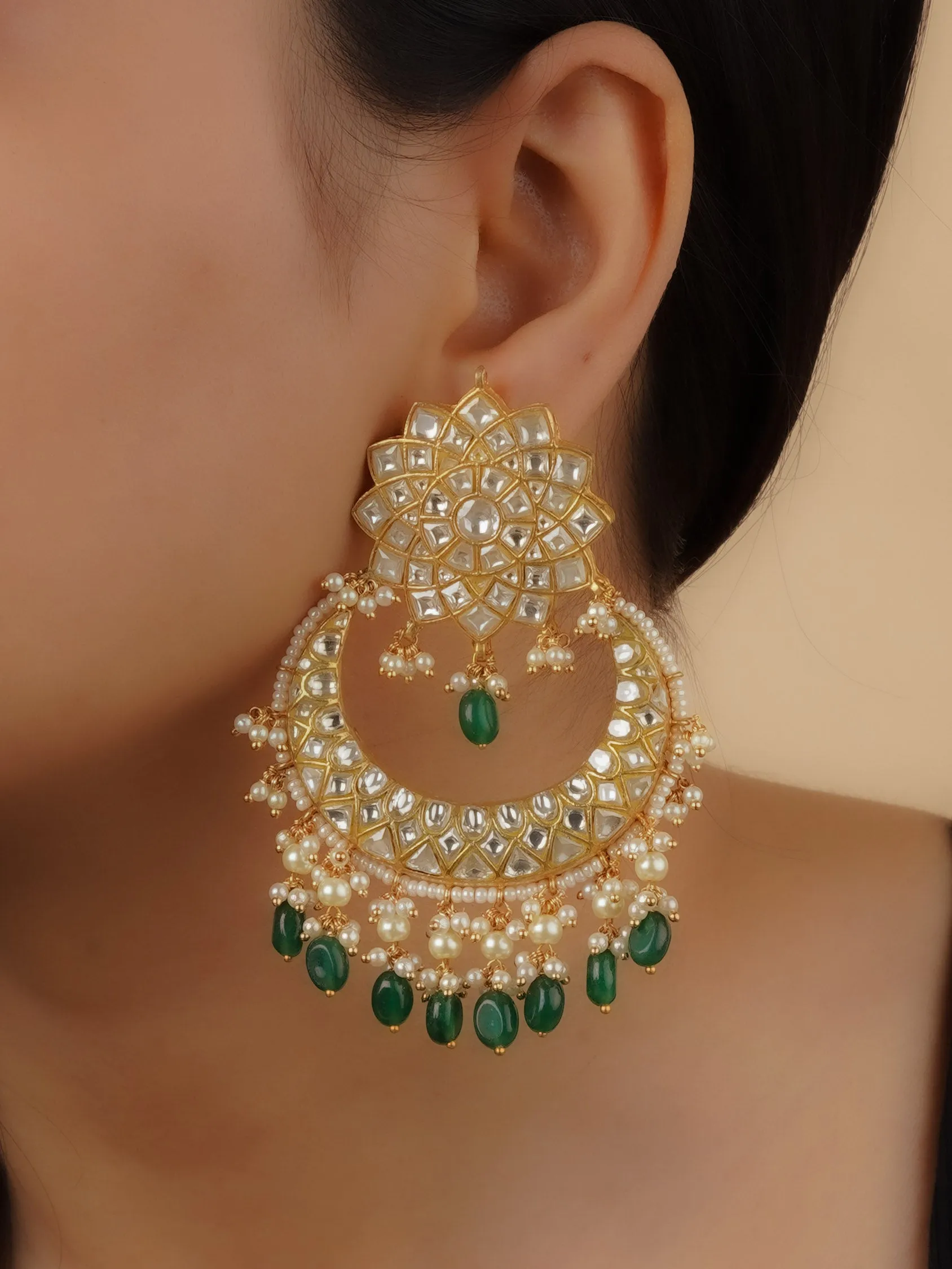 Green Color Gold Plated Thappa Jadau Kundan Earrings - TJ-E11