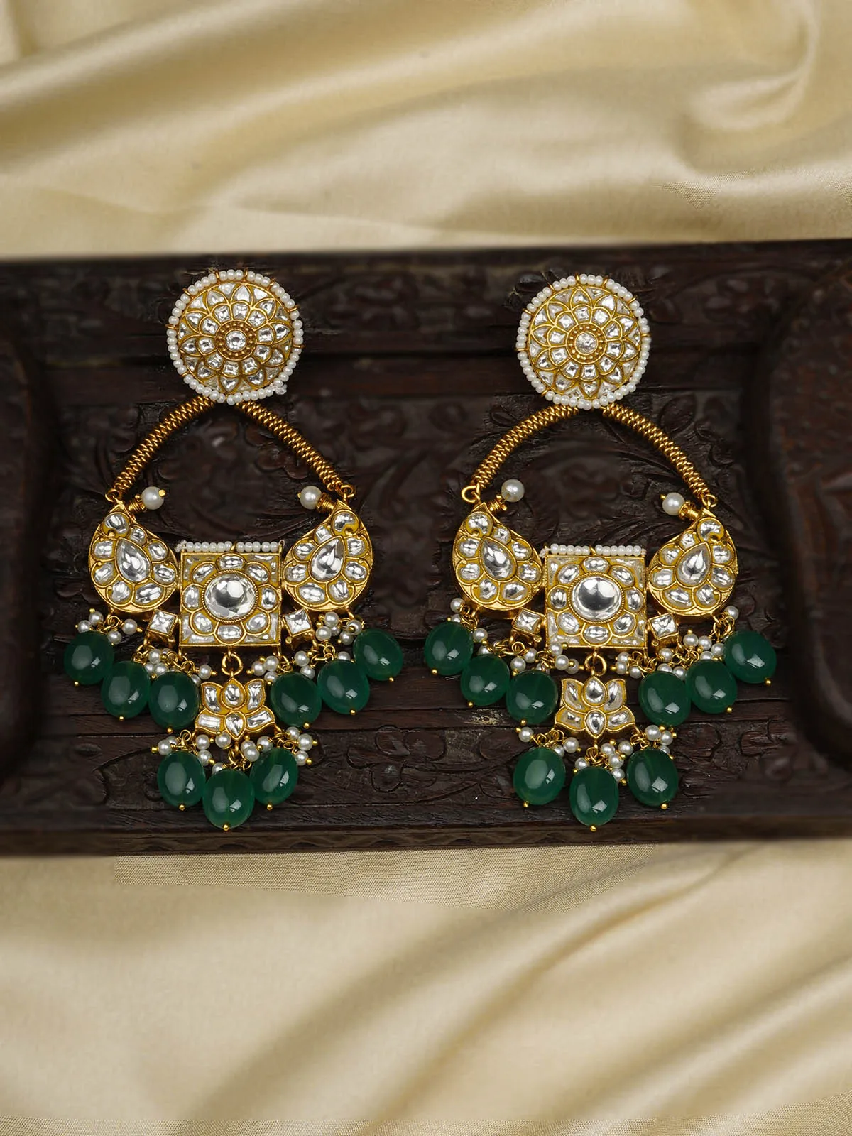 Green Color Gold Plated Thappa Jadau Kundan Earrings - TJ-E94A