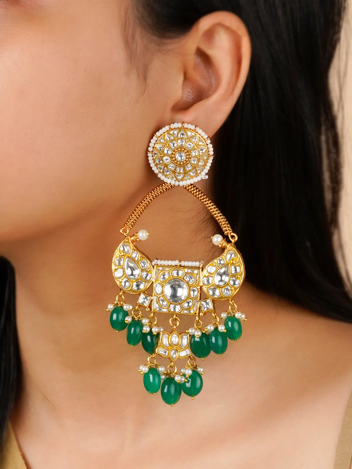 Green Color Gold Plated Thappa Jadau Kundan Earrings - TJ-E94A