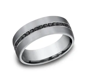 Grey Tantalum Satin Finish 7.5mm Domed Channel Set Wedding Band With Black Diamonds