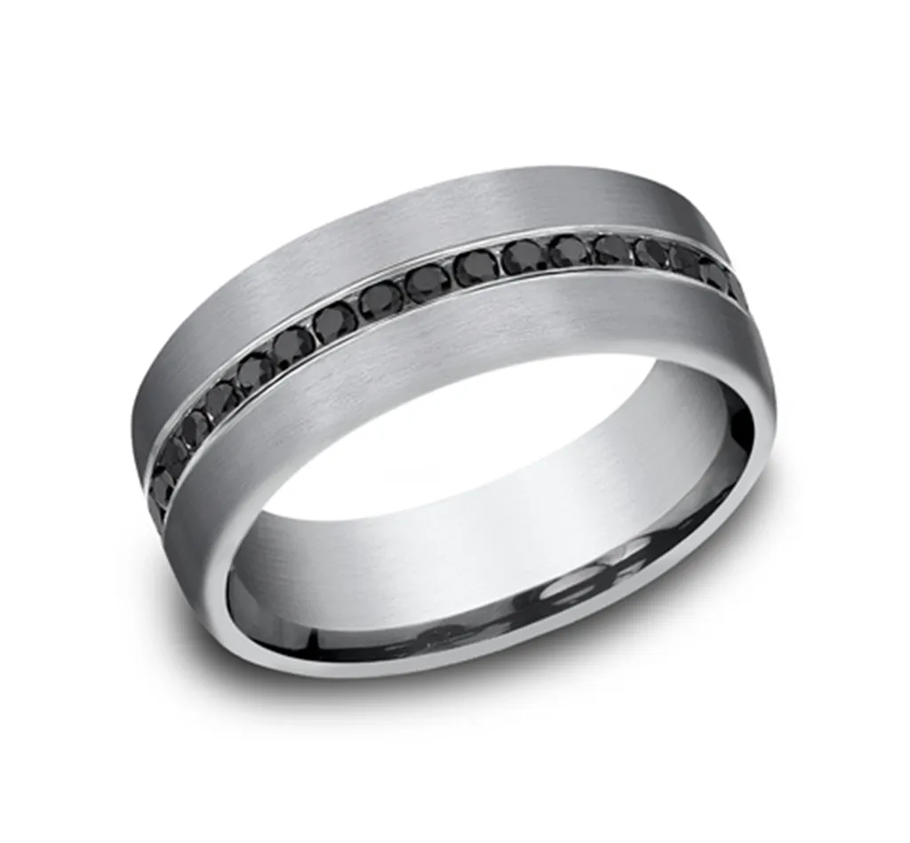 Grey Tantalum Satin Finish 7.5mm Domed Channel Set Wedding Band With Black Diamonds