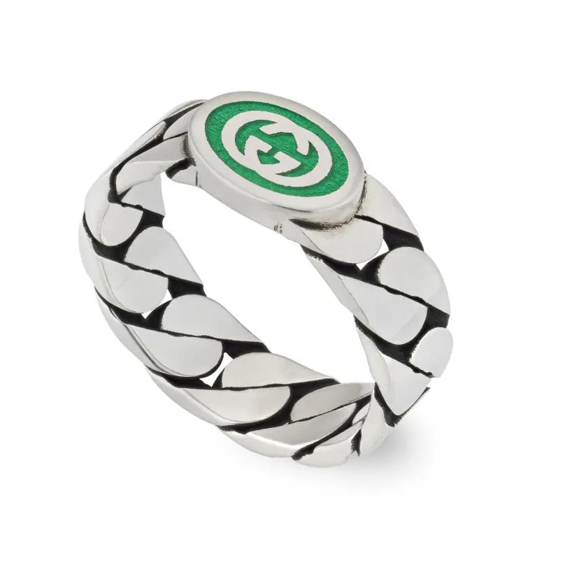 Gucci Interlocking Sterling Silver Green Enamel Band Ring D