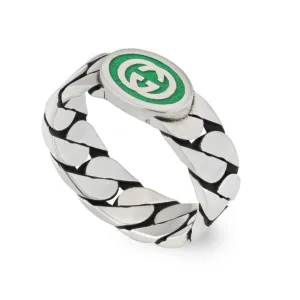 Gucci Interlocking Sterling Silver Green Enamel Band Ring D