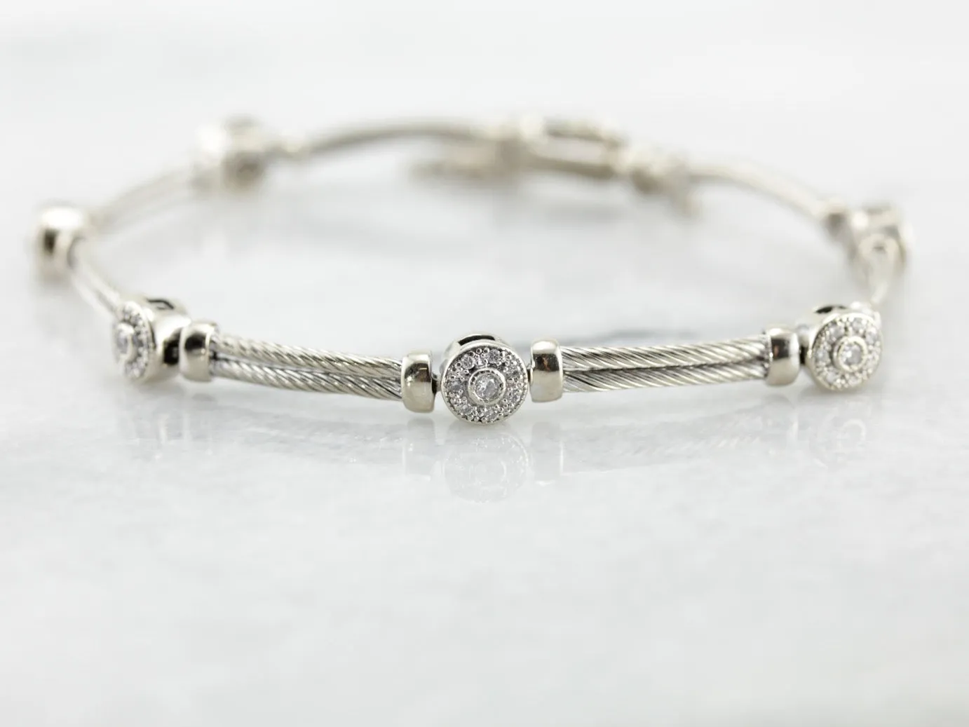 High Quality White Gold Rope and Diamond Cluster Link Bracelet