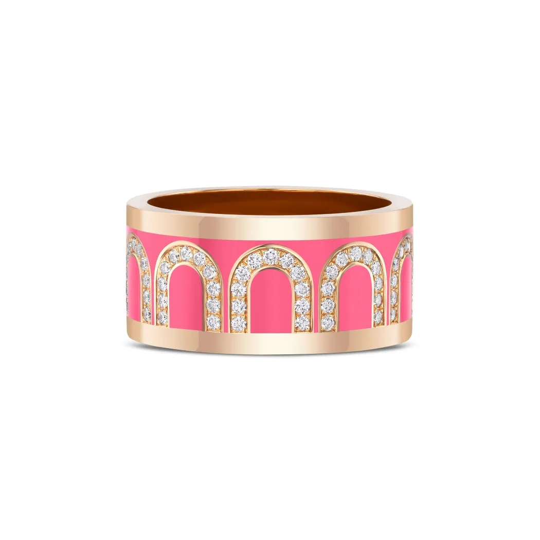 L'Arc de DAVIDOR Ring GM, 18k Rose Gold with Flamant Lacquered Ceramic and Arcade Diamonds