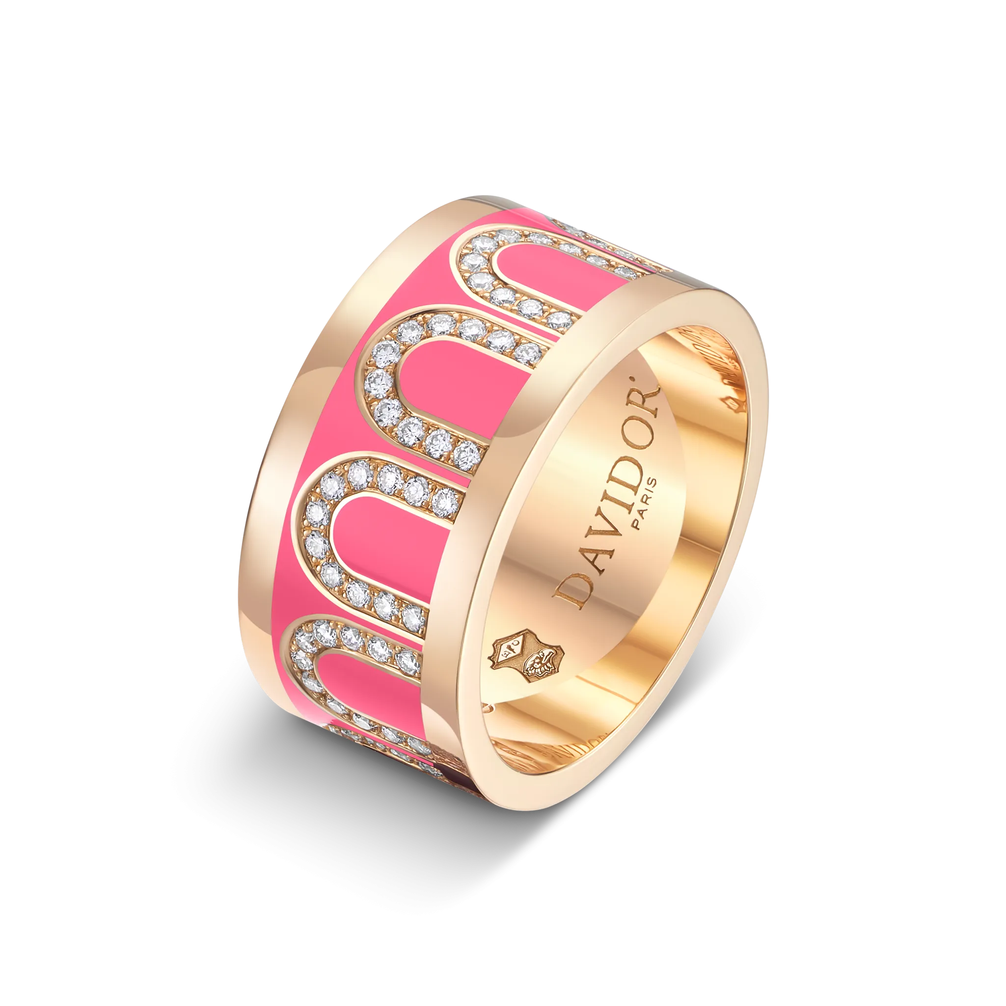 L'Arc de DAVIDOR Ring GM, 18k Rose Gold with Flamant Lacquered Ceramic and Arcade Diamonds