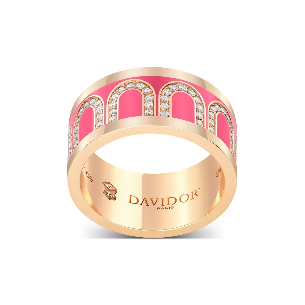 L'Arc de DAVIDOR Ring GM, 18k Rose Gold with Flamant Lacquered Ceramic and Arcade Diamonds