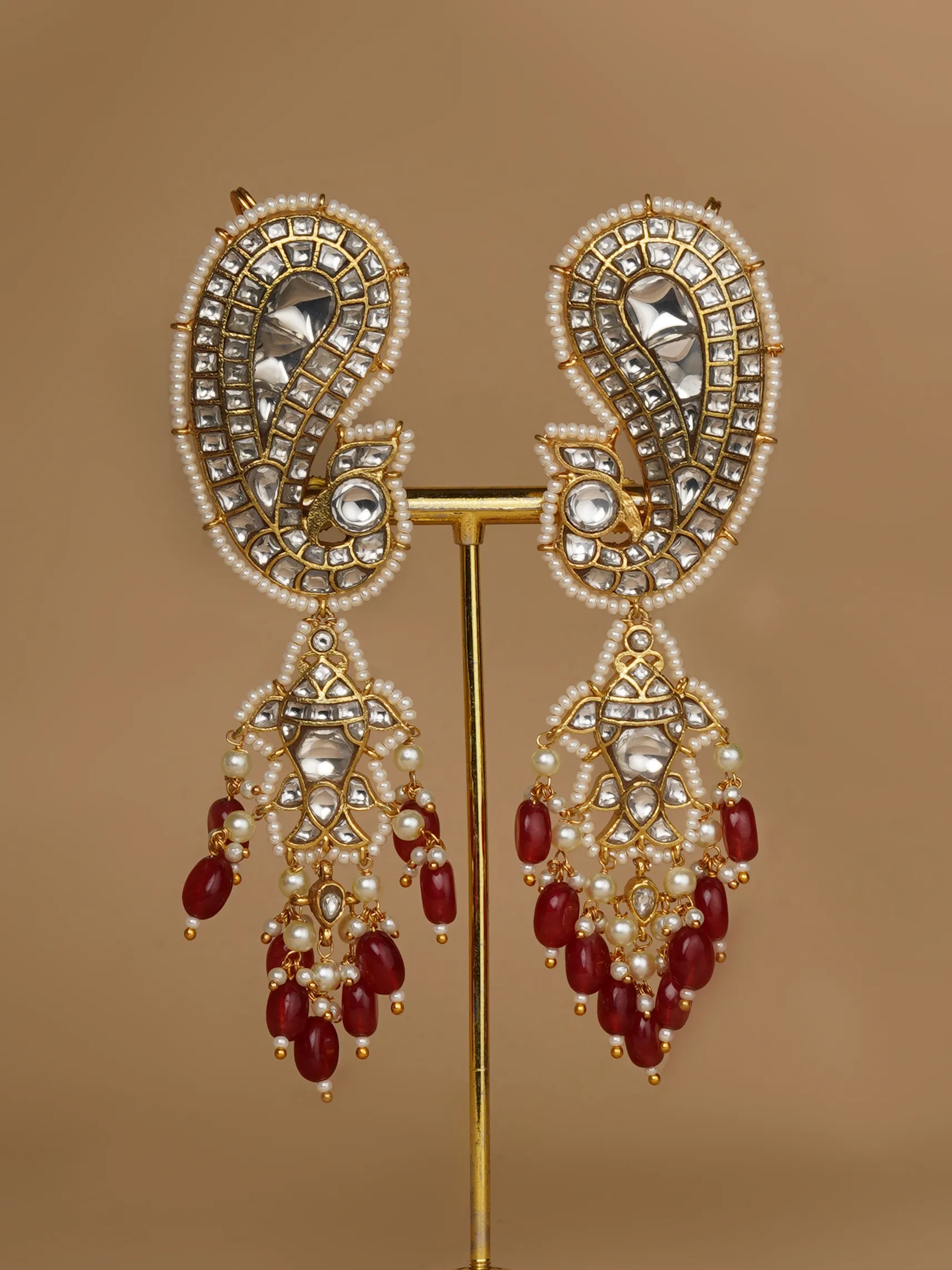 Maroon Color Gold Plated Jadau Kundan Earrings - ME1195