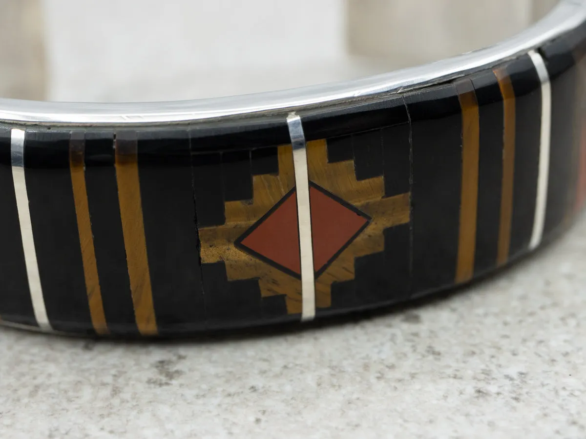 Mary Morgan Vintage Navajo Tigers Eye Onyx and Jasper Inlay Sterling Silver Bracelet