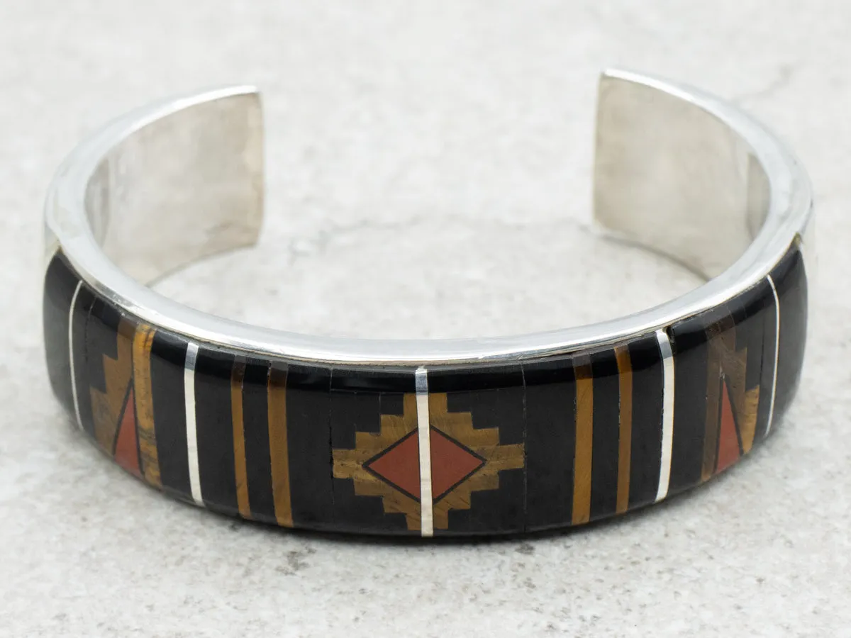Mary Morgan Vintage Navajo Tigers Eye Onyx and Jasper Inlay Sterling Silver Bracelet