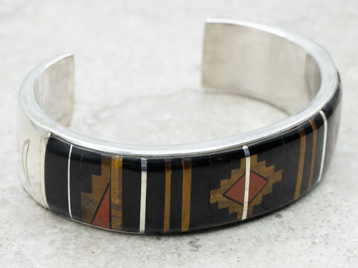 Mary Morgan Vintage Navajo Tigers Eye Onyx and Jasper Inlay Sterling Silver Bracelet