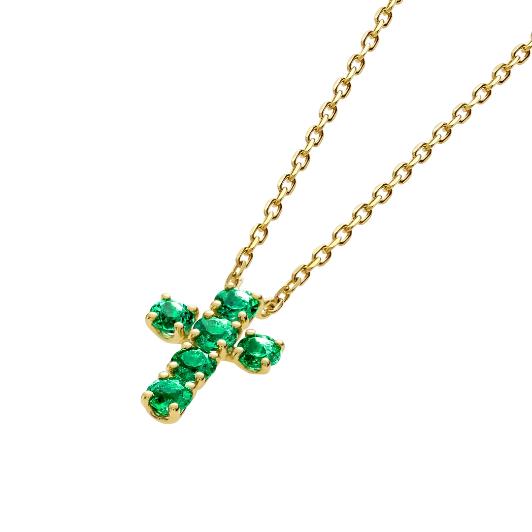 Medium Green Emerald Cross Pendant Yellow Gold
