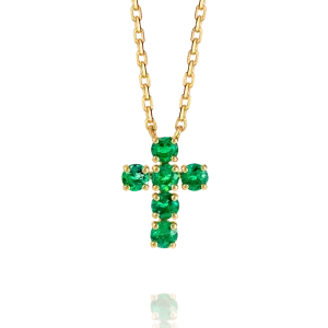 Medium Green Emerald Cross Pendant Yellow Gold