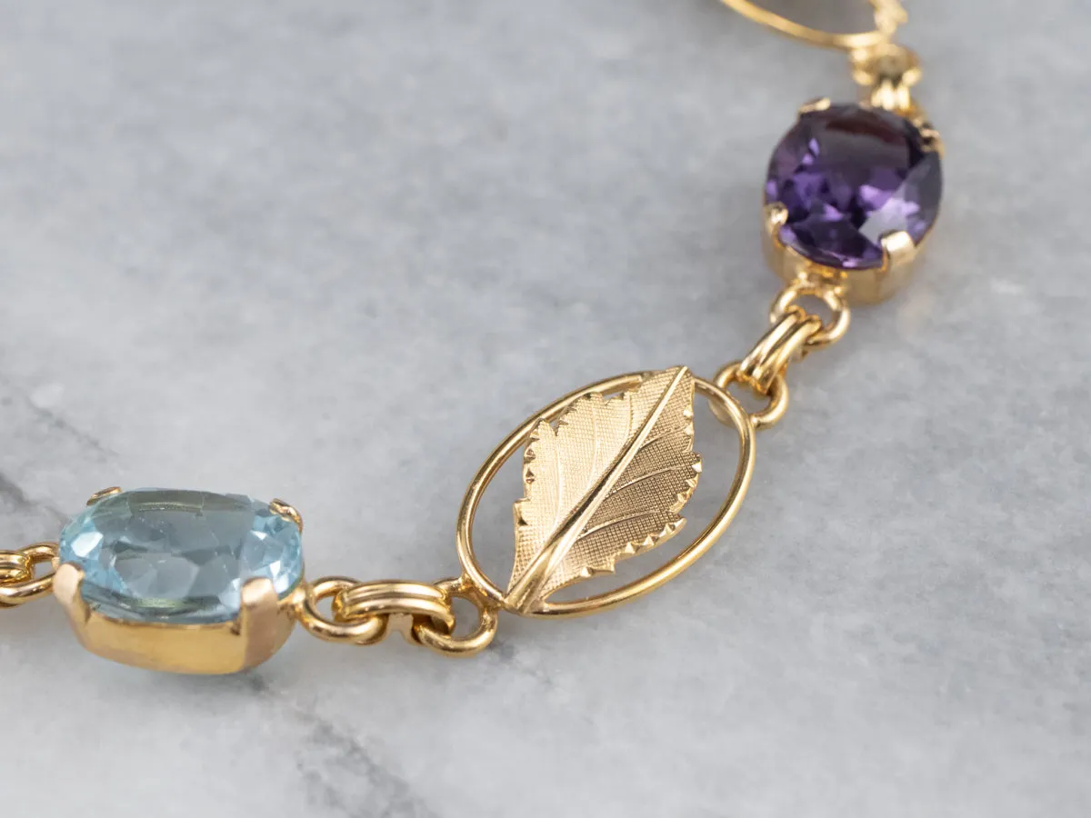 Multi Gemstone Botanical Gold Link Bracelet