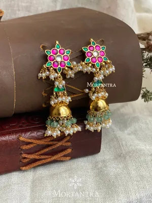 Multicolor Gold Plated Jadau Kundan Earrings - ME989M