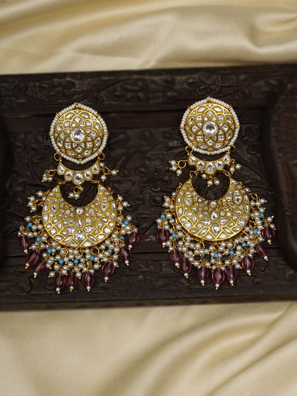Multicolor Gold Plated Thappa Jadau Kundan Earrings - TJ-E90A