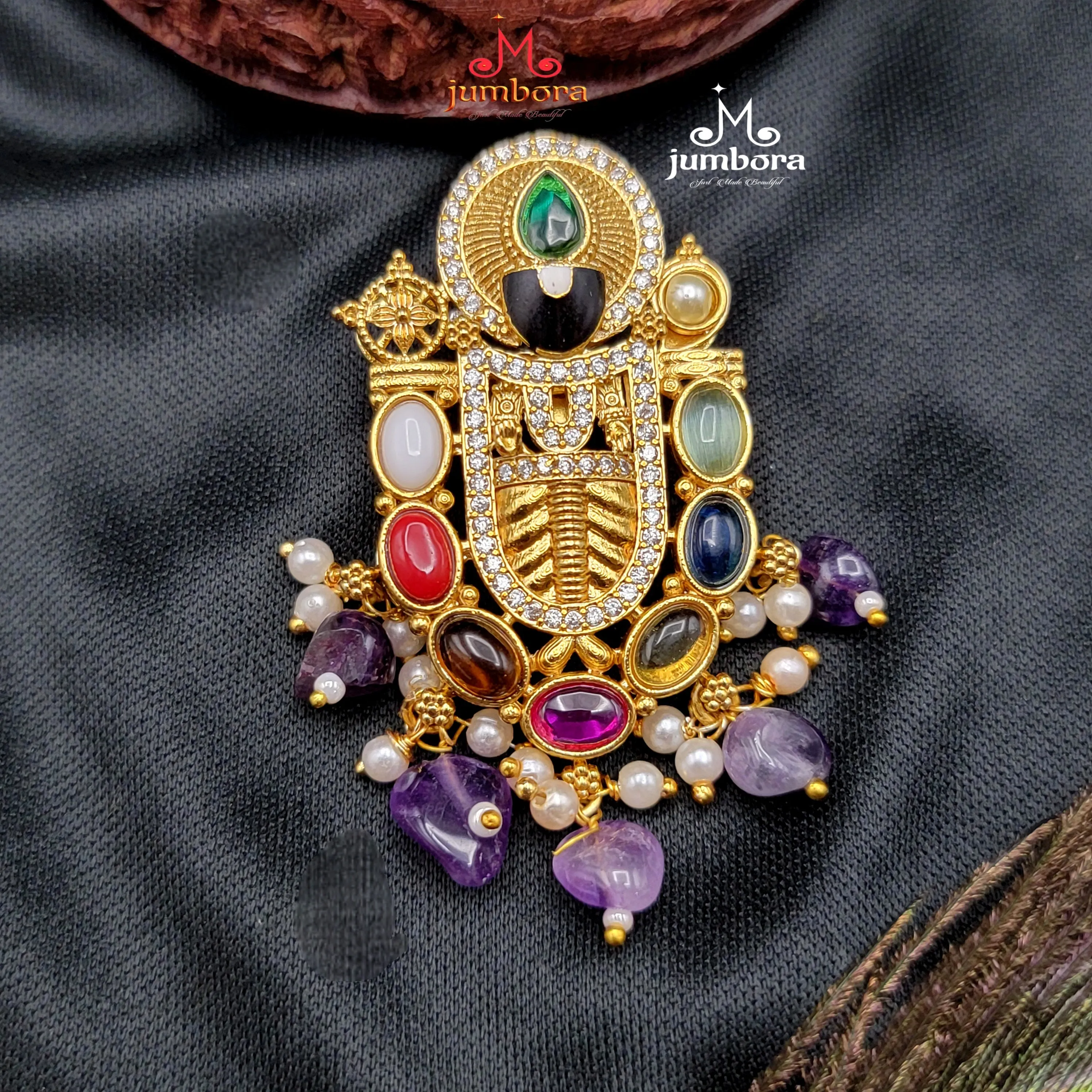 Navaratna Style Multicolor Lord Venkateshwara Pendant Temple Jewelry Set