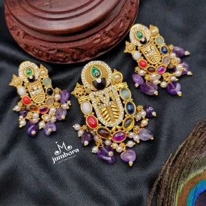 Navaratna Style Multicolor Lord Venkateshwara Pendant Temple Jewelry Set