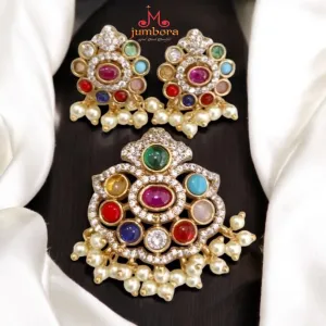 Navaratna Style Multicolor Pendant & Earring Set with Pearls