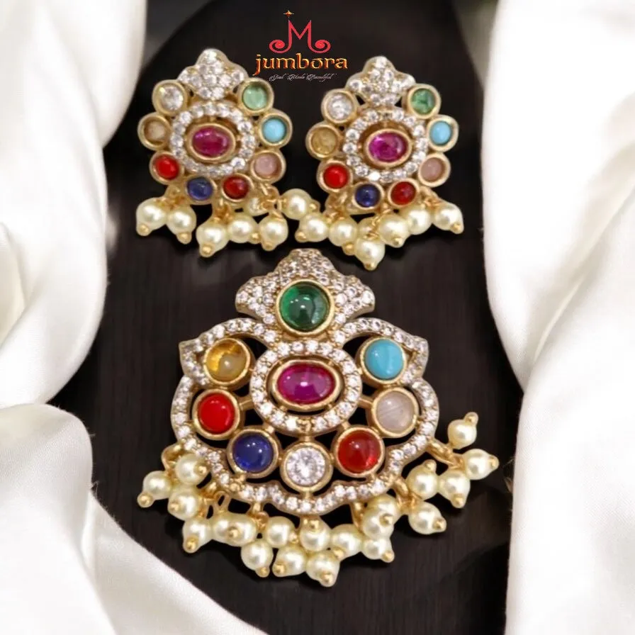 Navaratna Style Multicolor Pendant & Earring Set with Pearls