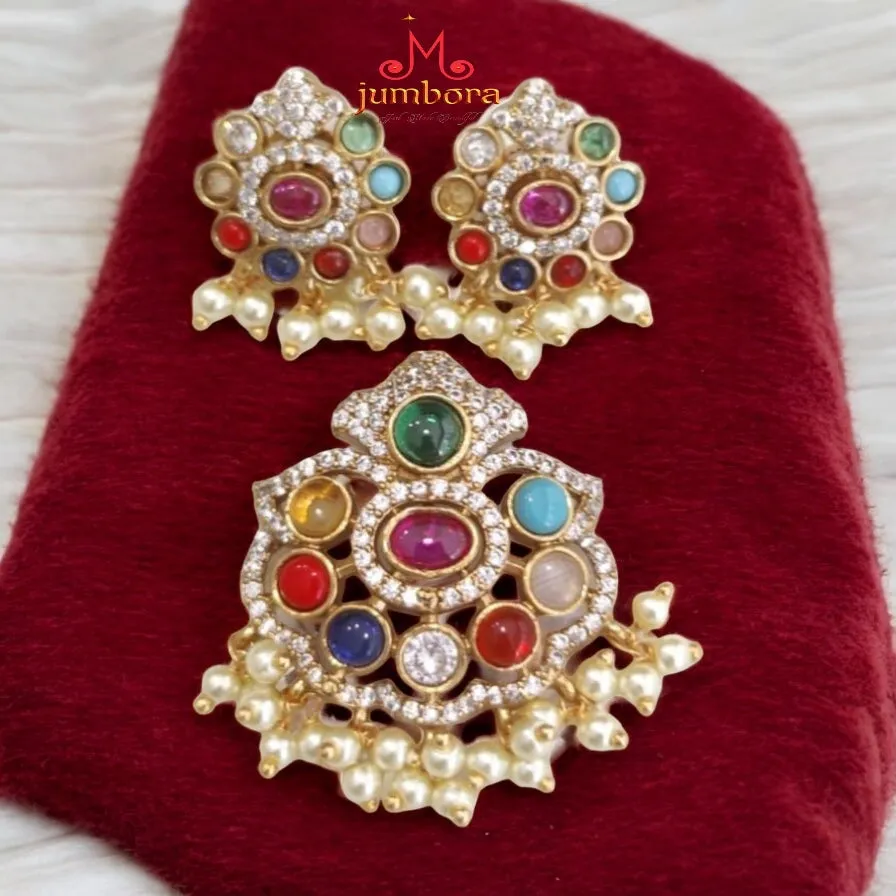 Navaratna Style Multicolor Pendant & Earring Set with Pearls