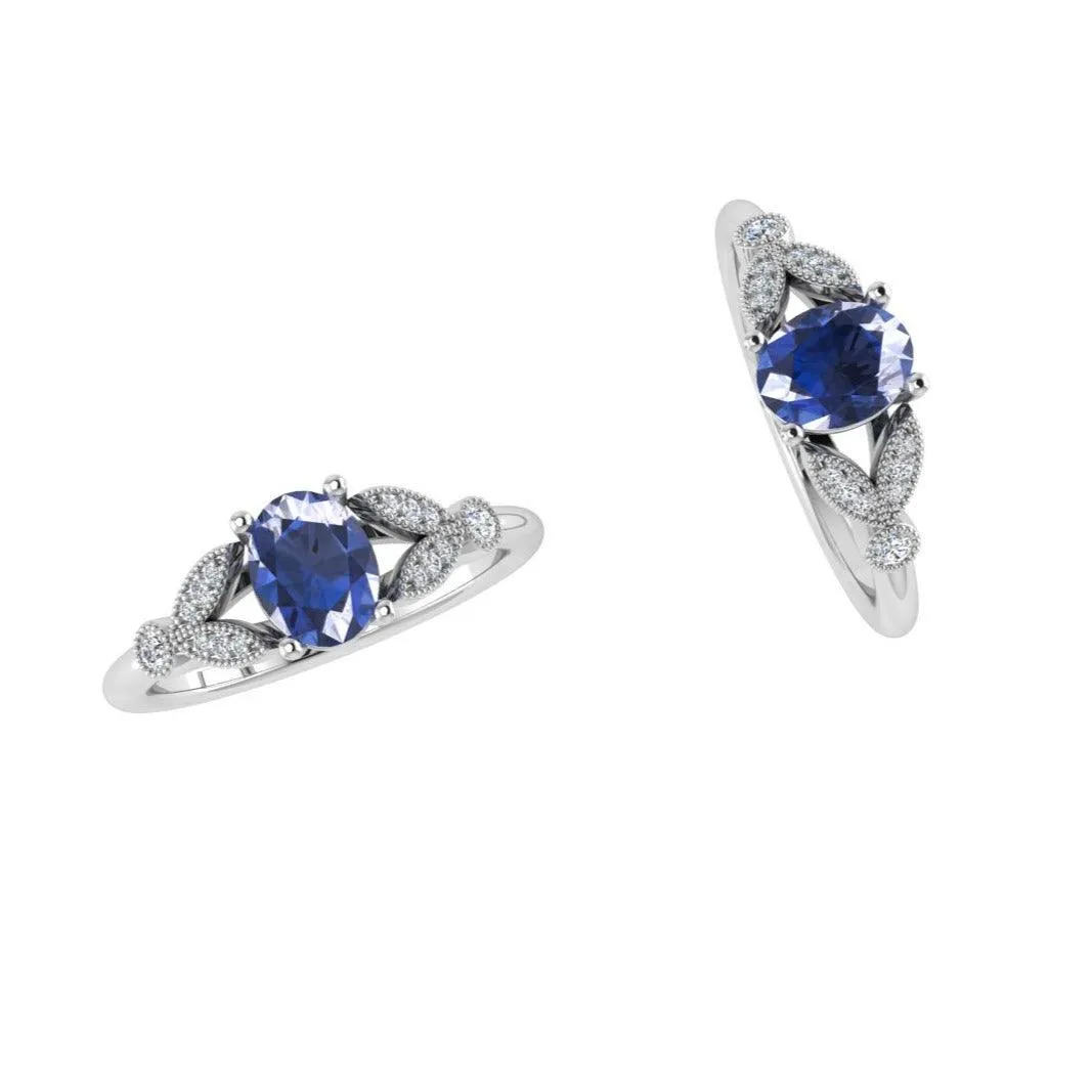 Oval Blue Topaz and Diamond Leaf Ring