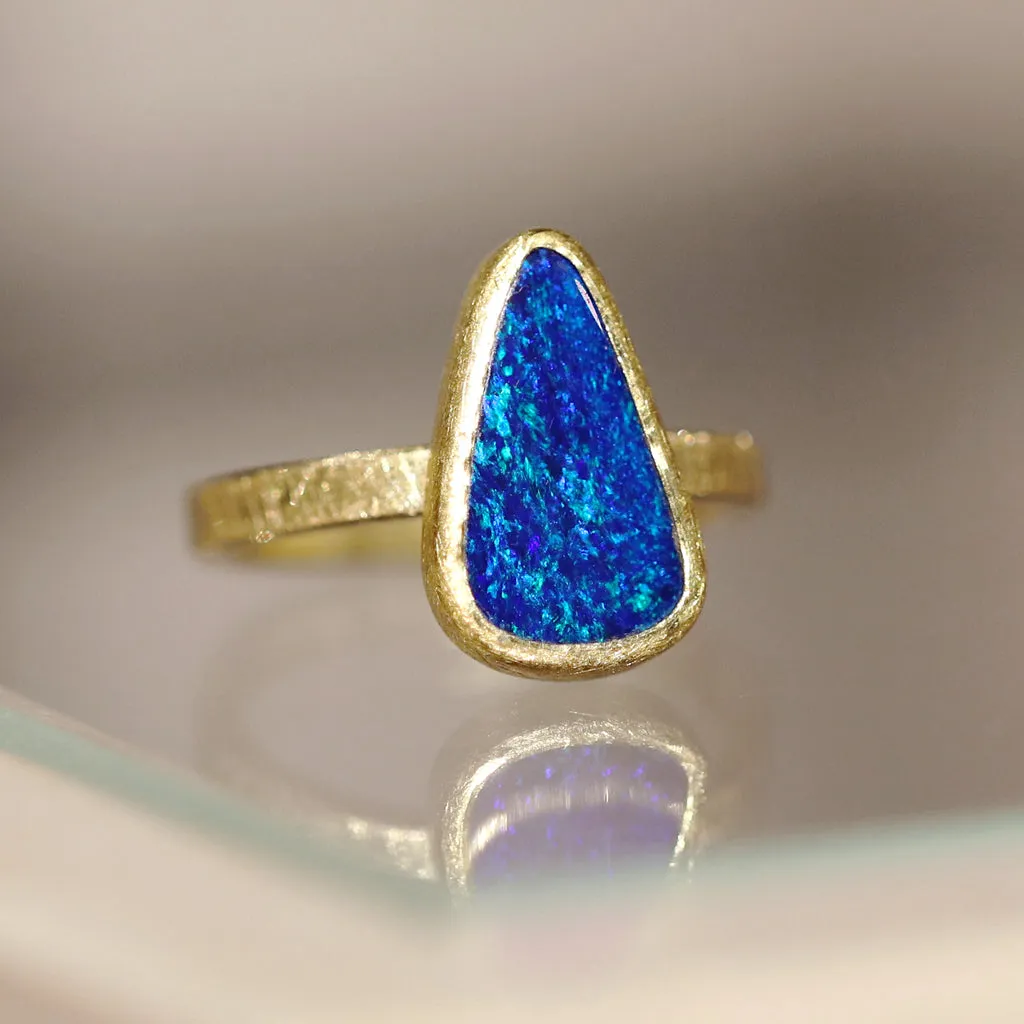 Petra Class Deep Blue Opal Doublet High Karat Yellow Gold Solitaire Ring