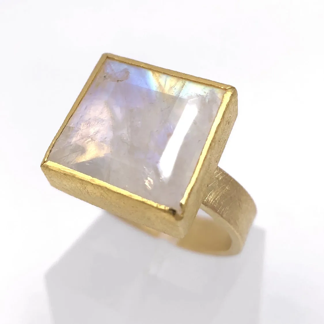 Petra Class Faceted Rainbow Moonstone One of a Kind High Karat Matte Gold Ring