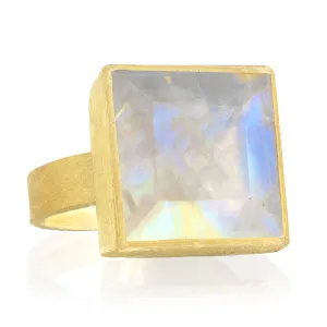 Petra Class Faceted Rainbow Moonstone One of a Kind High Karat Matte Gold Ring