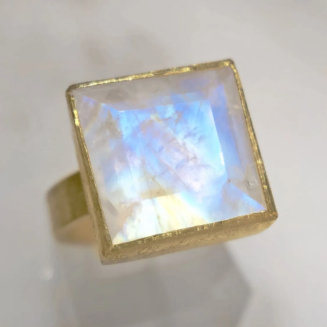 Petra Class Faceted Rainbow Moonstone One of a Kind High Karat Matte Gold Ring