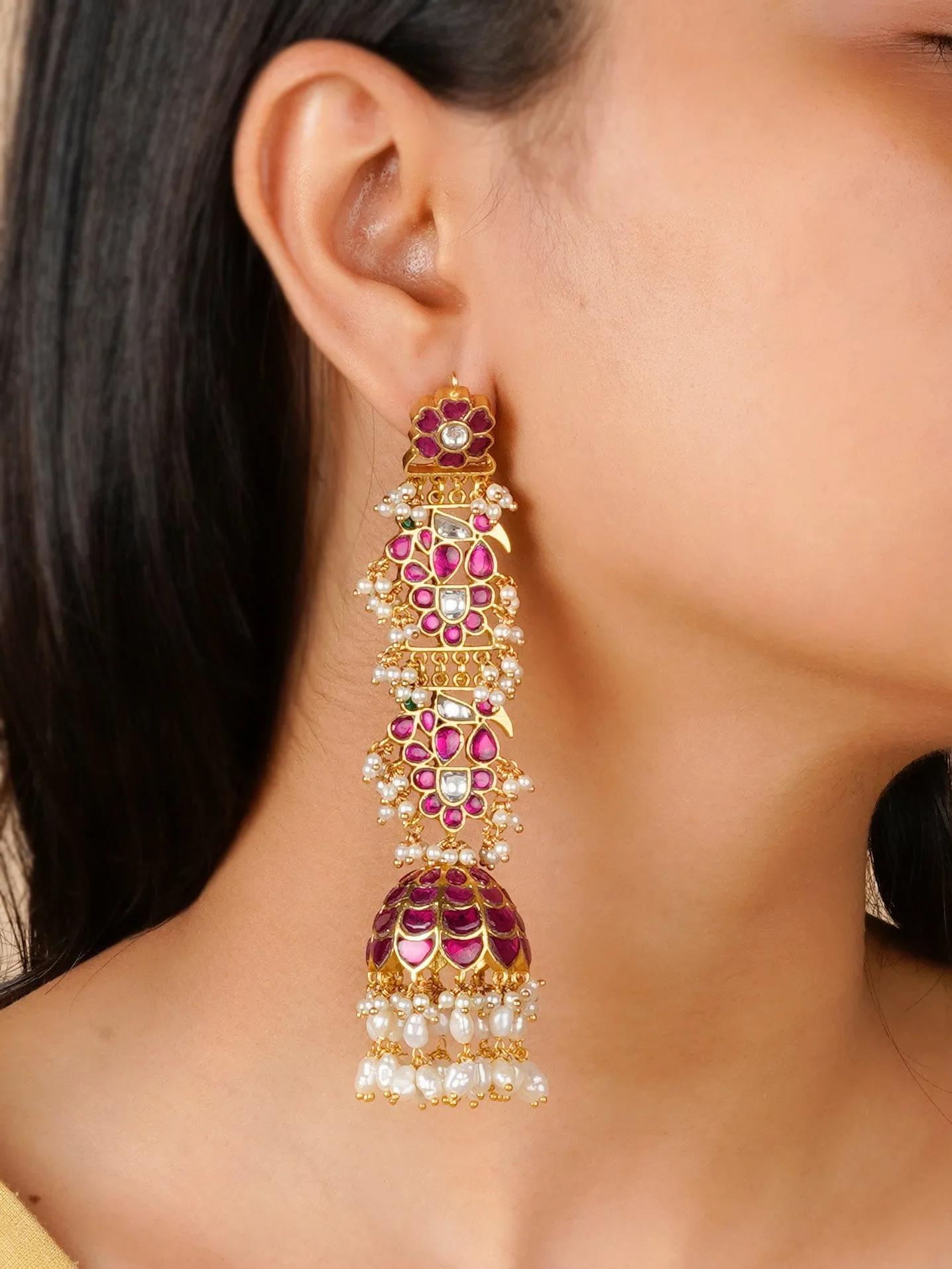Pink Color Gold Plated Jadau Kundan Earrings - ME1183M