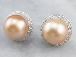 Pink Pearl Diamond Halo Stud Earrings
