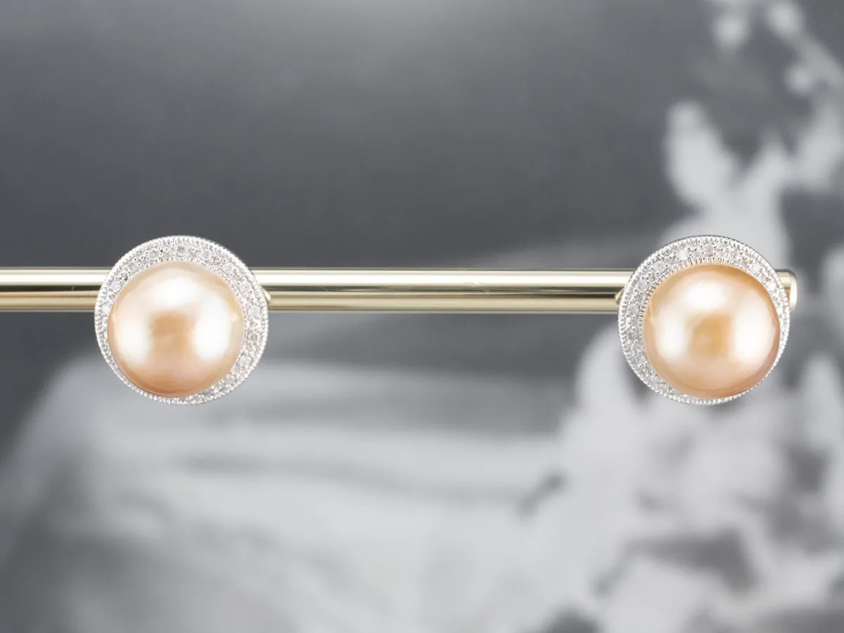Pink Pearl Diamond Halo Stud Earrings