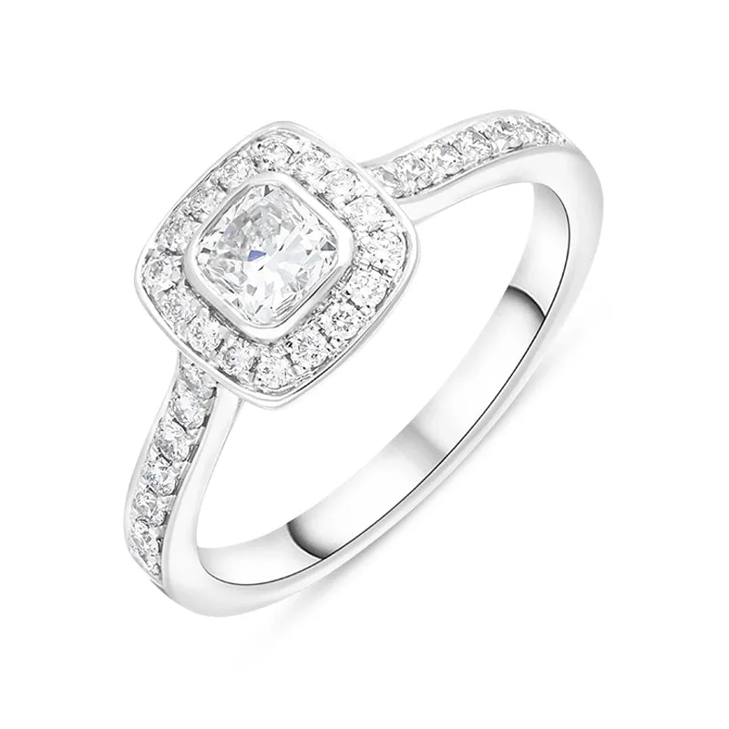 Platinum 0.66ct Diamond Cushion Cut Shoulder Set Cluster Ring