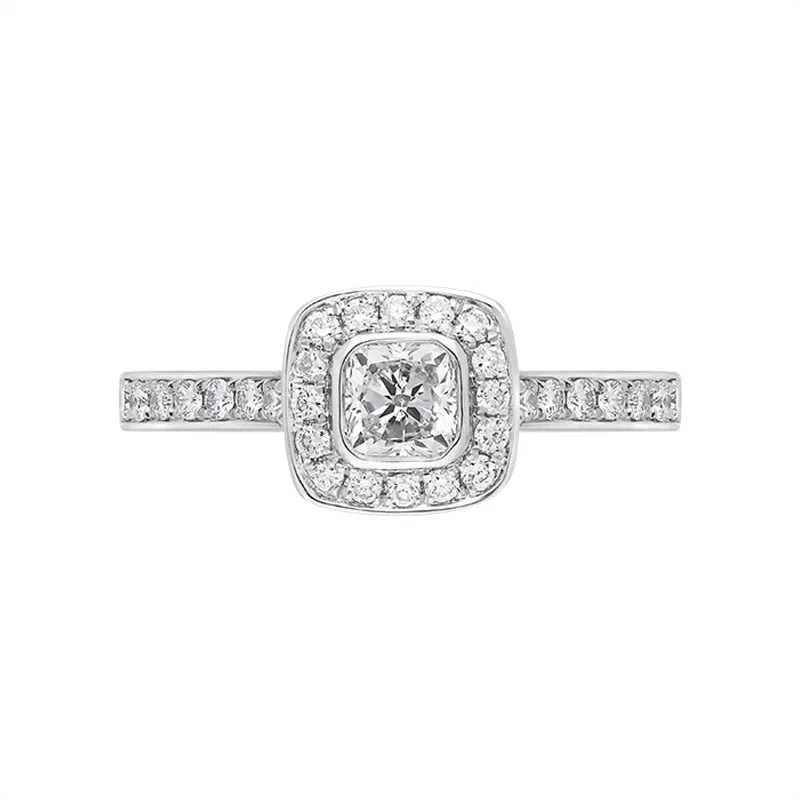 Platinum 0.66ct Diamond Cushion Cut Shoulder Set Cluster Ring