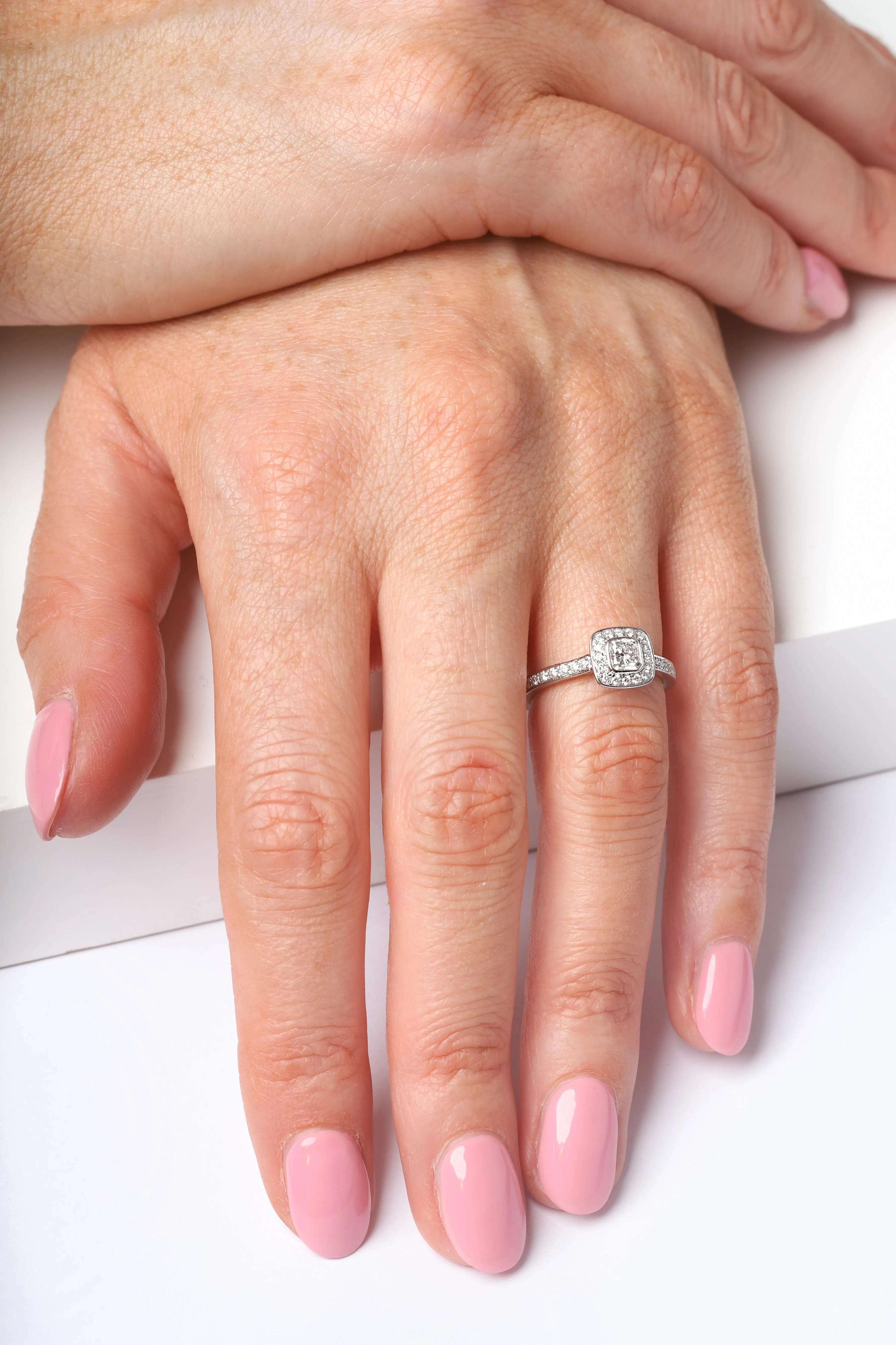 Platinum 0.66ct Diamond Cushion Cut Shoulder Set Cluster Ring