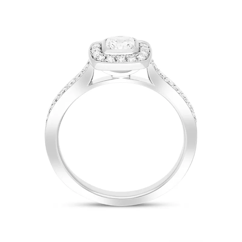 Platinum 0.66ct Diamond Cushion Cut Shoulder Set Cluster Ring