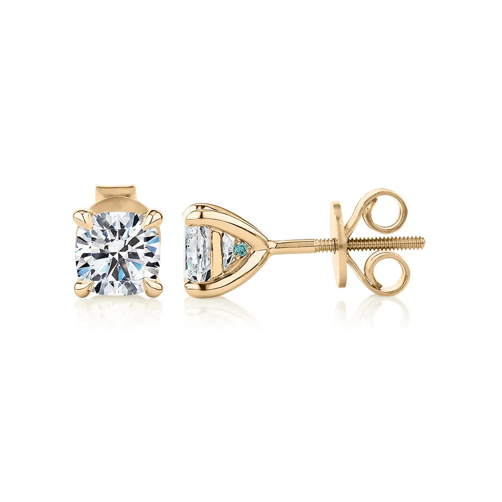 Premium Certified Lab-Grown Diamond, 1.40 carat TW cushion stud earrings in 18 carat yellow gold