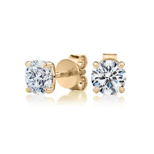 Premium Certified Lab-Grown Diamond, 2.00 carat TW round brilliant stud earrings in 14 carat yellow gold